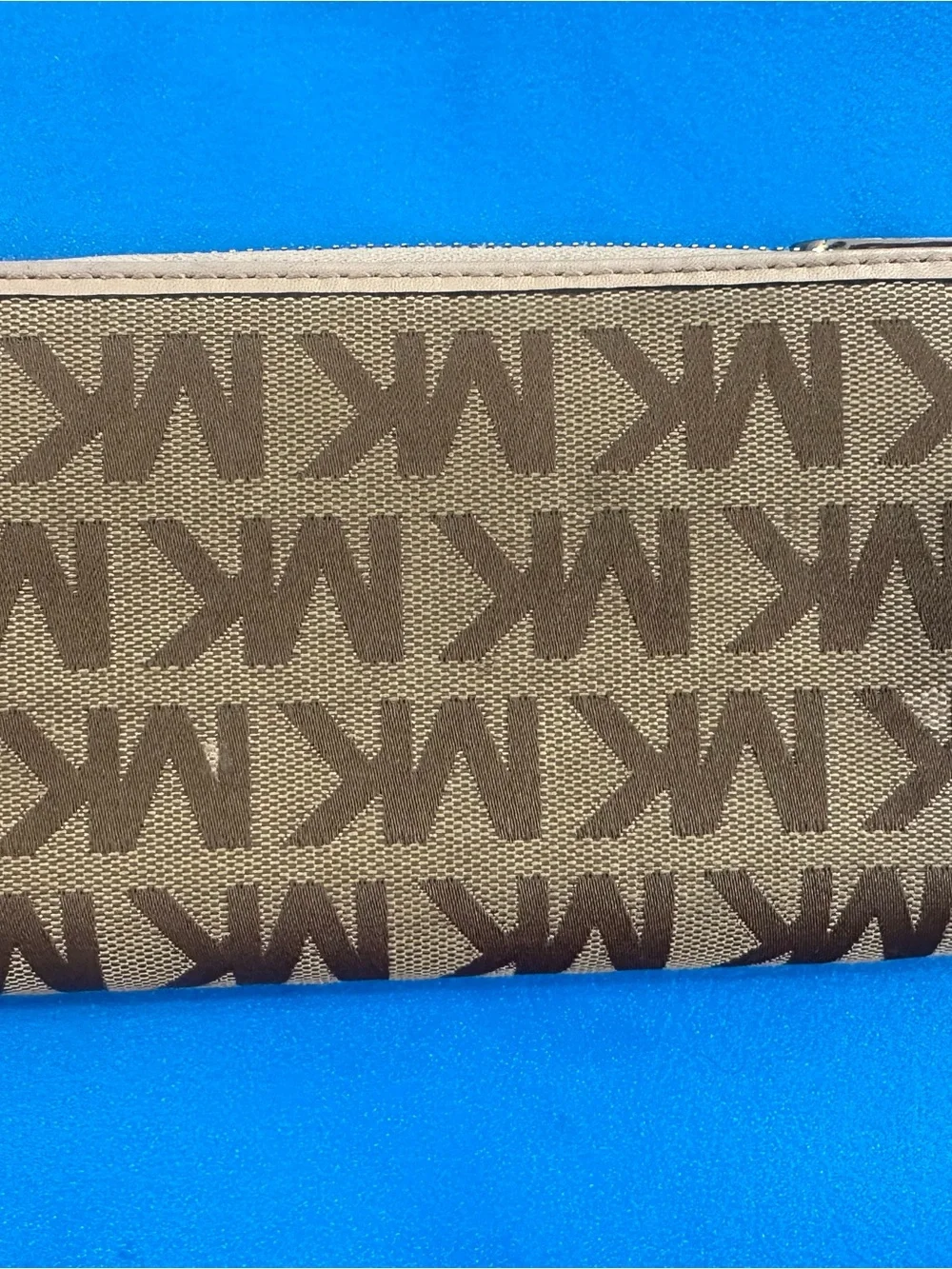 Michael Kors Brown and Tan MK Monogram Zip-Around Wallet with Gold Plate